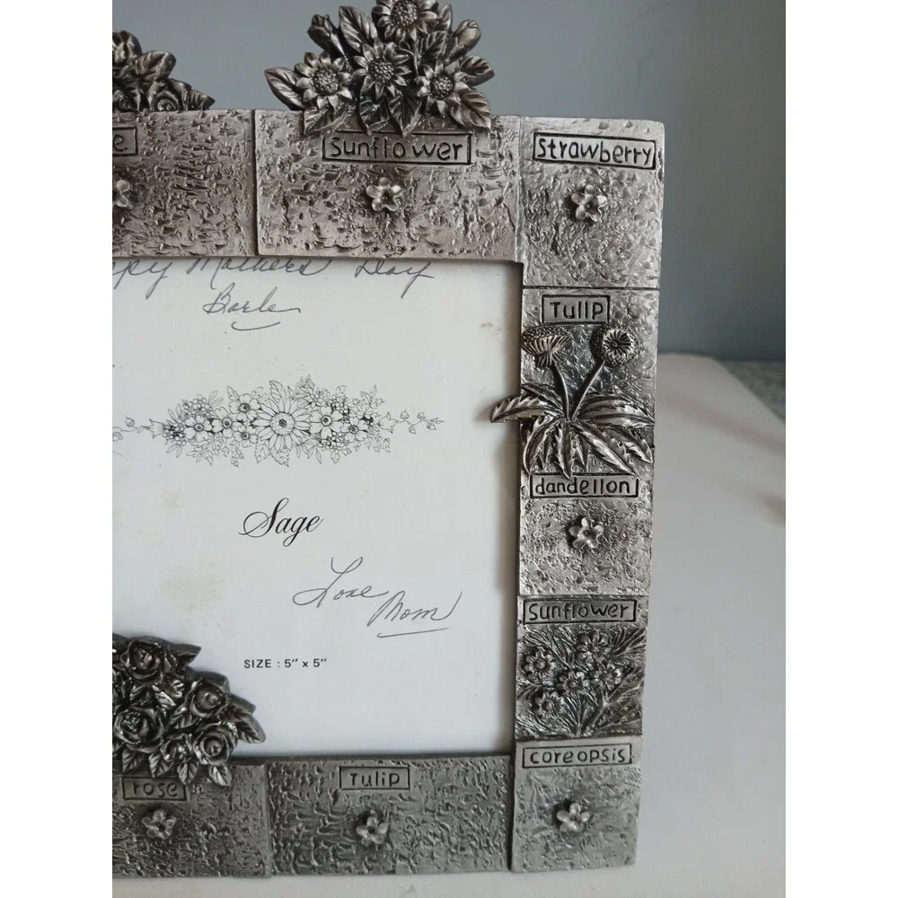 Vtg Sage  Floral Pewter Picture Frame  5 X 5 Rose Tulip Sunflower Strawberry